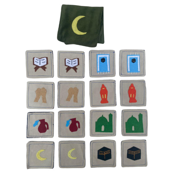 Handcrafted Islamic memory game with 16 felt pieces and carrying case for children's educational play