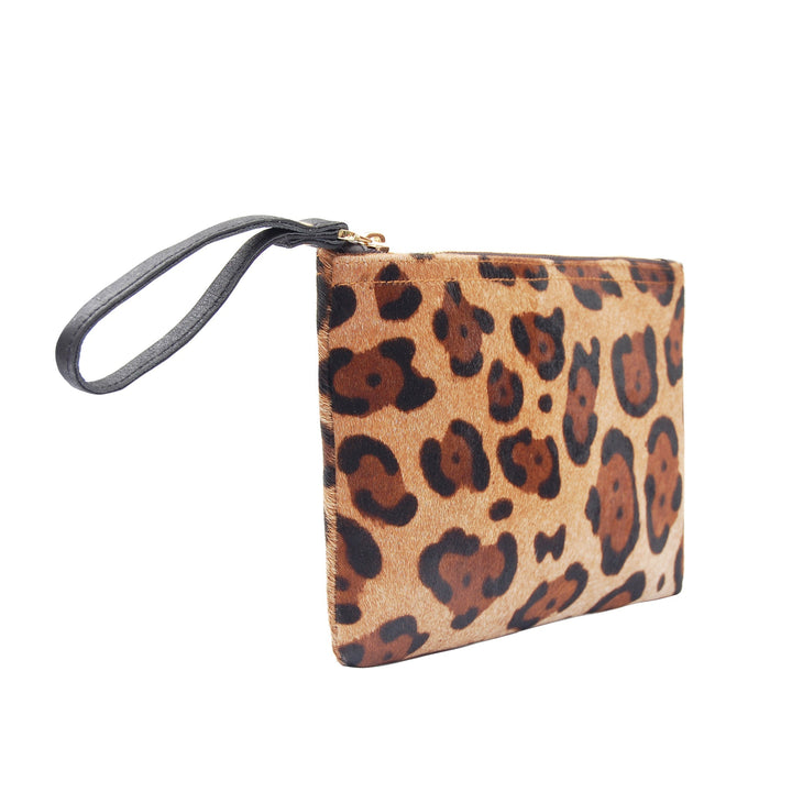 Handcrafted leopard print calf hair leather wristlet clutch with gold zipper and black suede lining