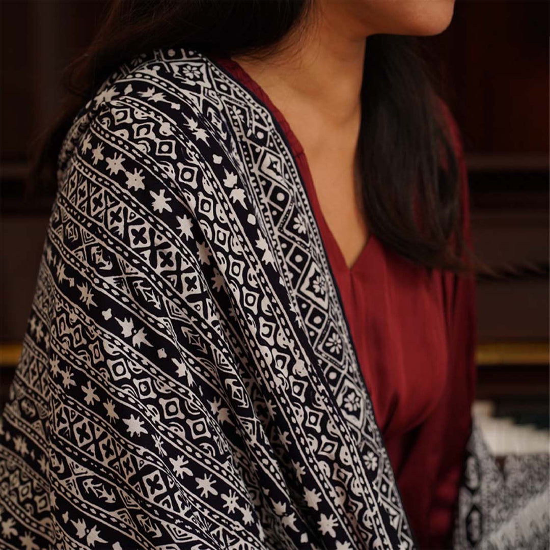 Hand Dyed Batik Scarf | 100% Cotton Fabric | Black & White, Geometric