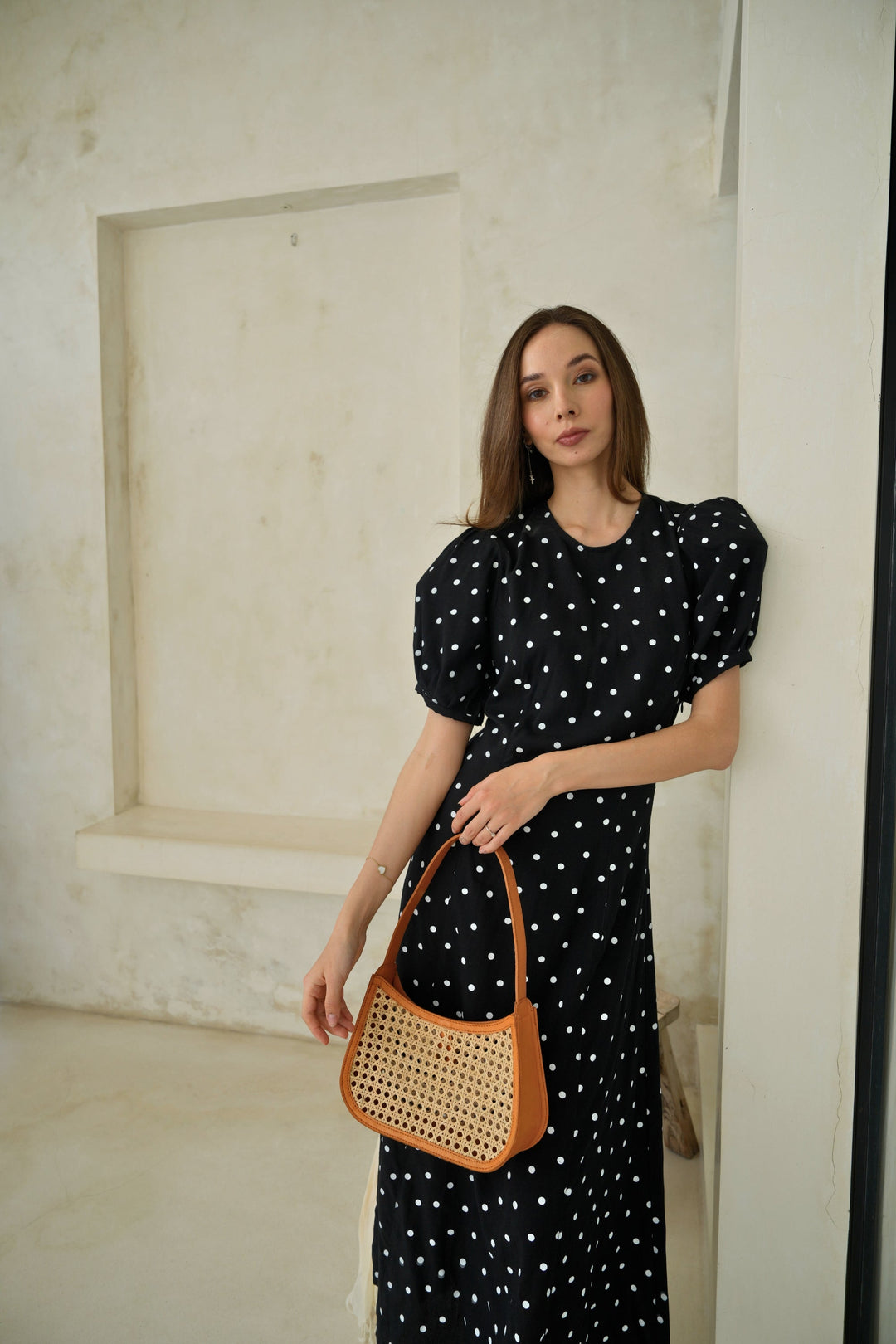 Poppy Puffy Sleeves Polka Dots Maxi Dress in Black