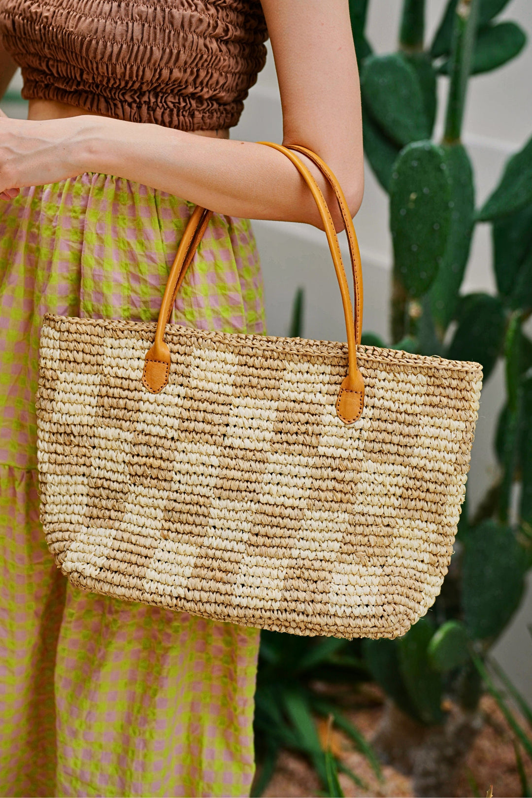 Lindsey Checker Raffia Tote