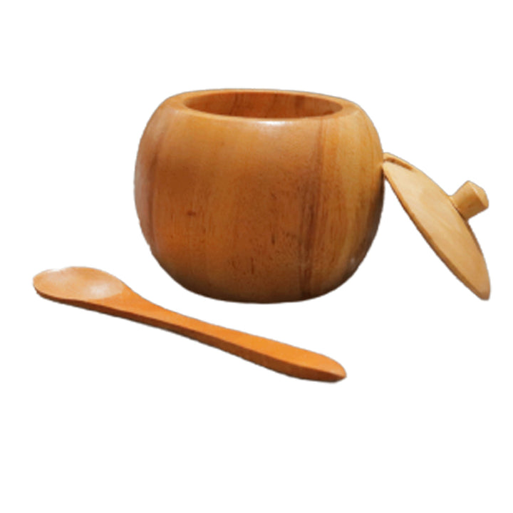 Small Teak Wood Seasoning Bowl with Spoon, Handturned Wooden Spice Jar