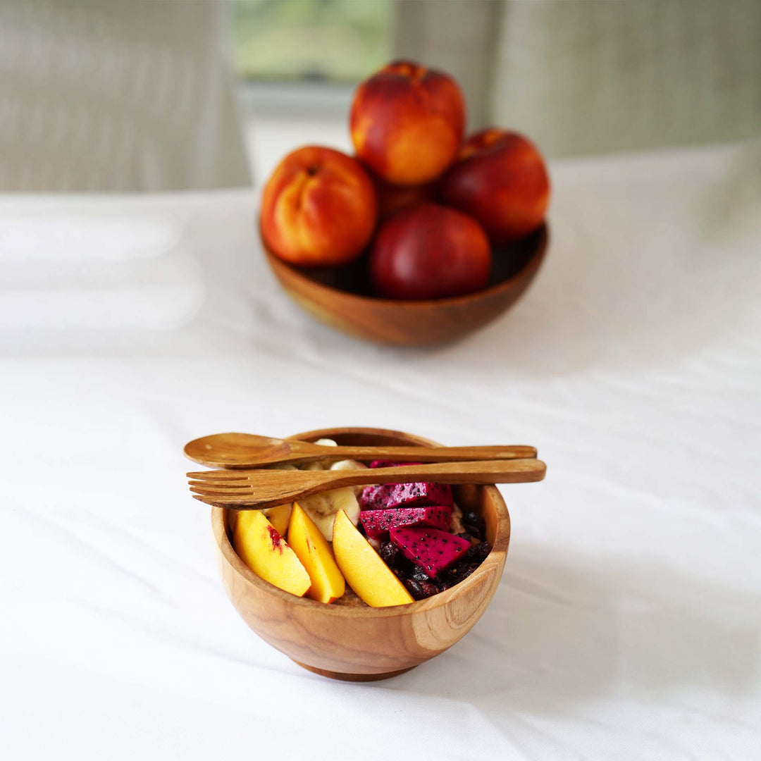 Teak wood bowl With Spoon and Fork | Handmade in Indonesia | 5.8" Small Size