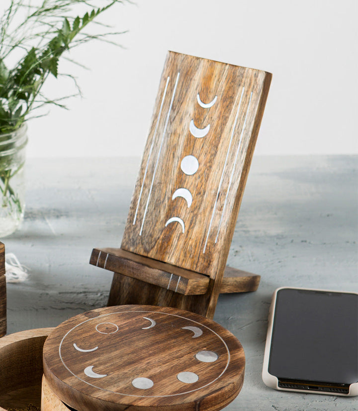 Indukala Moon Phase Phone Holder | Wood, Brass, Fair Trade
