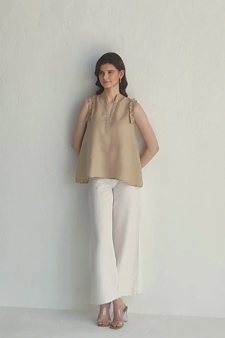 Sleeveless Hemp Top with Ruffles in Neutral Beige