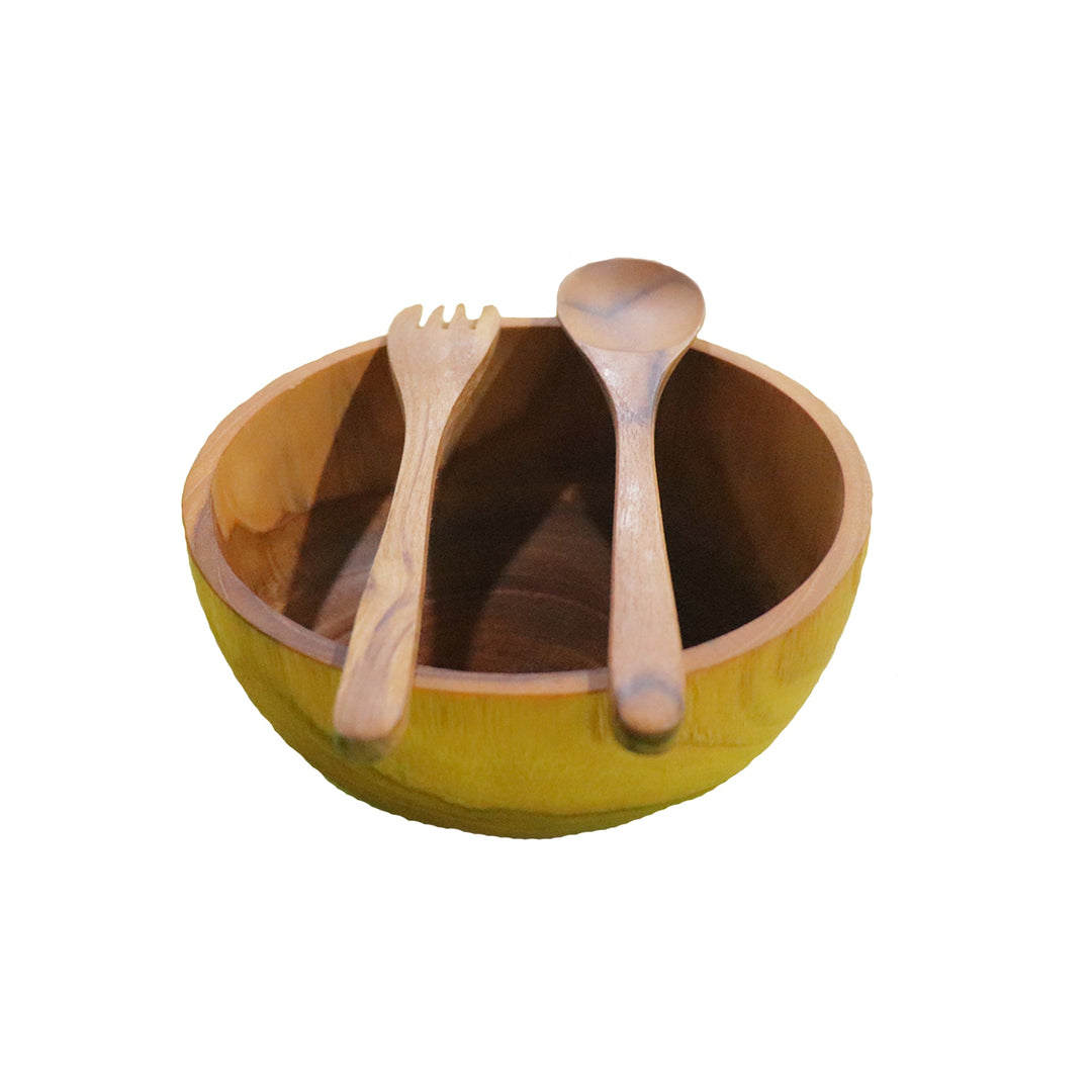 Teak wood bowl With Spoon and Fork | Handmade in Indonesia | 5.8" Small Size