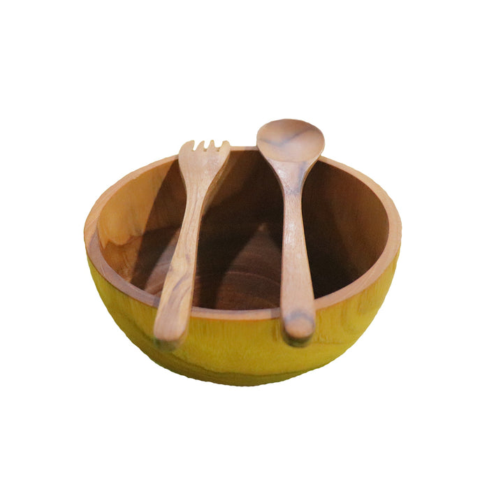 Teak wood bowl With Spoon and Fork | Handmade in Indonesia | 5.8" Small Size
