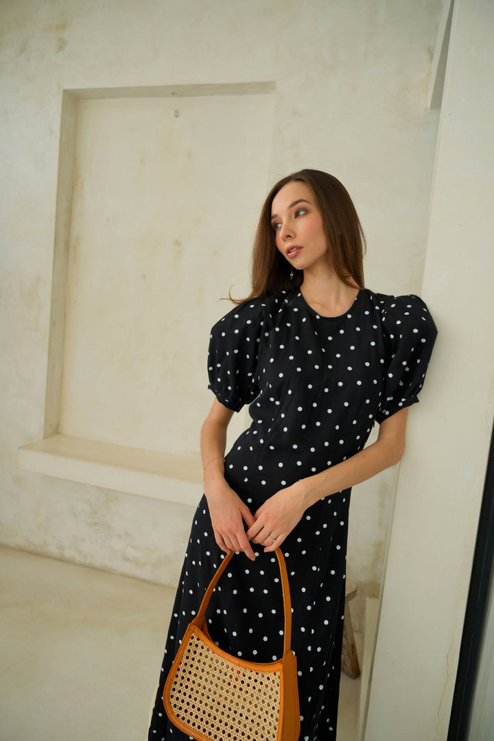 Poppy Puffy Sleeves Polka Dots Maxi Dress in Black