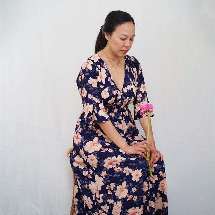 Kasih Co-op Dress Blue Trumpet Sleeve Over the Knee with White and Pink Floral Pattern
