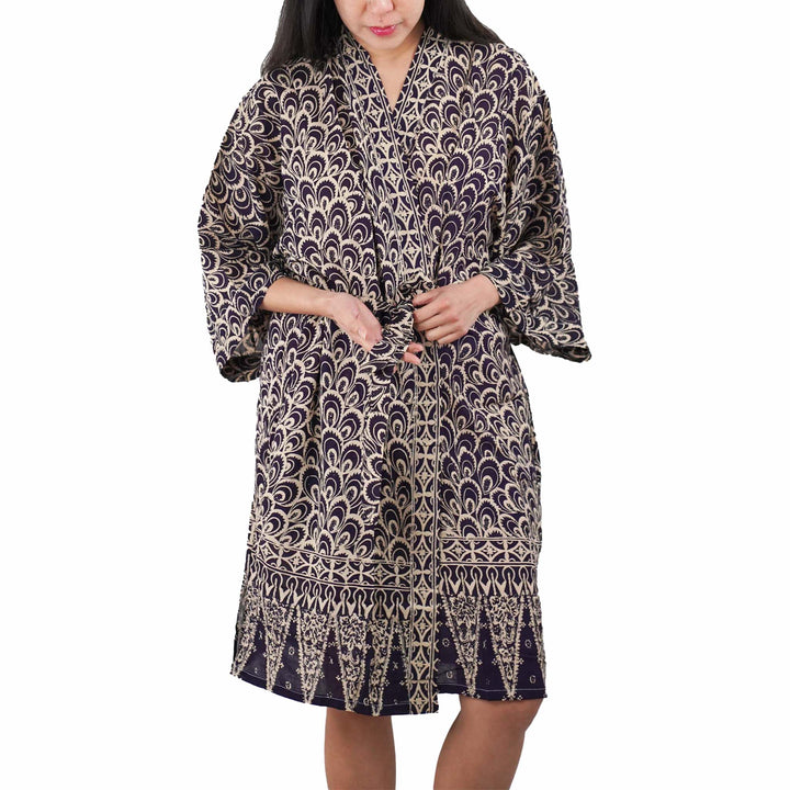 Handmade Batik Robe Kimono | 100% Cotton | Soft, Hand Dyed | Black Gray Peacock