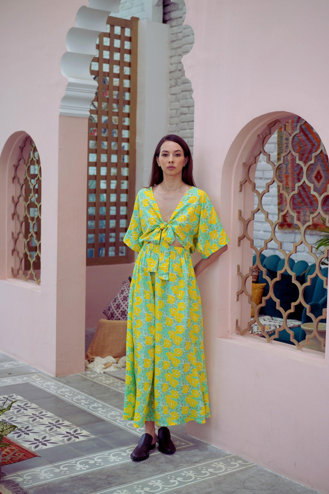 Aubrey Floral Wrap Top and Midi Skirt Matching Set in Yellow Garden