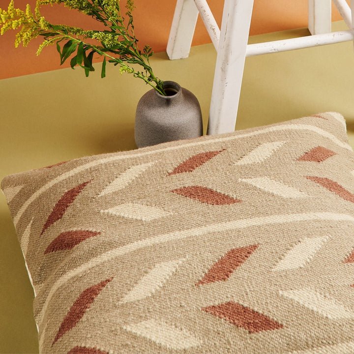 Ero Green Brown Geometric Pattern Hand-woven Jute Cotton Large Pillow