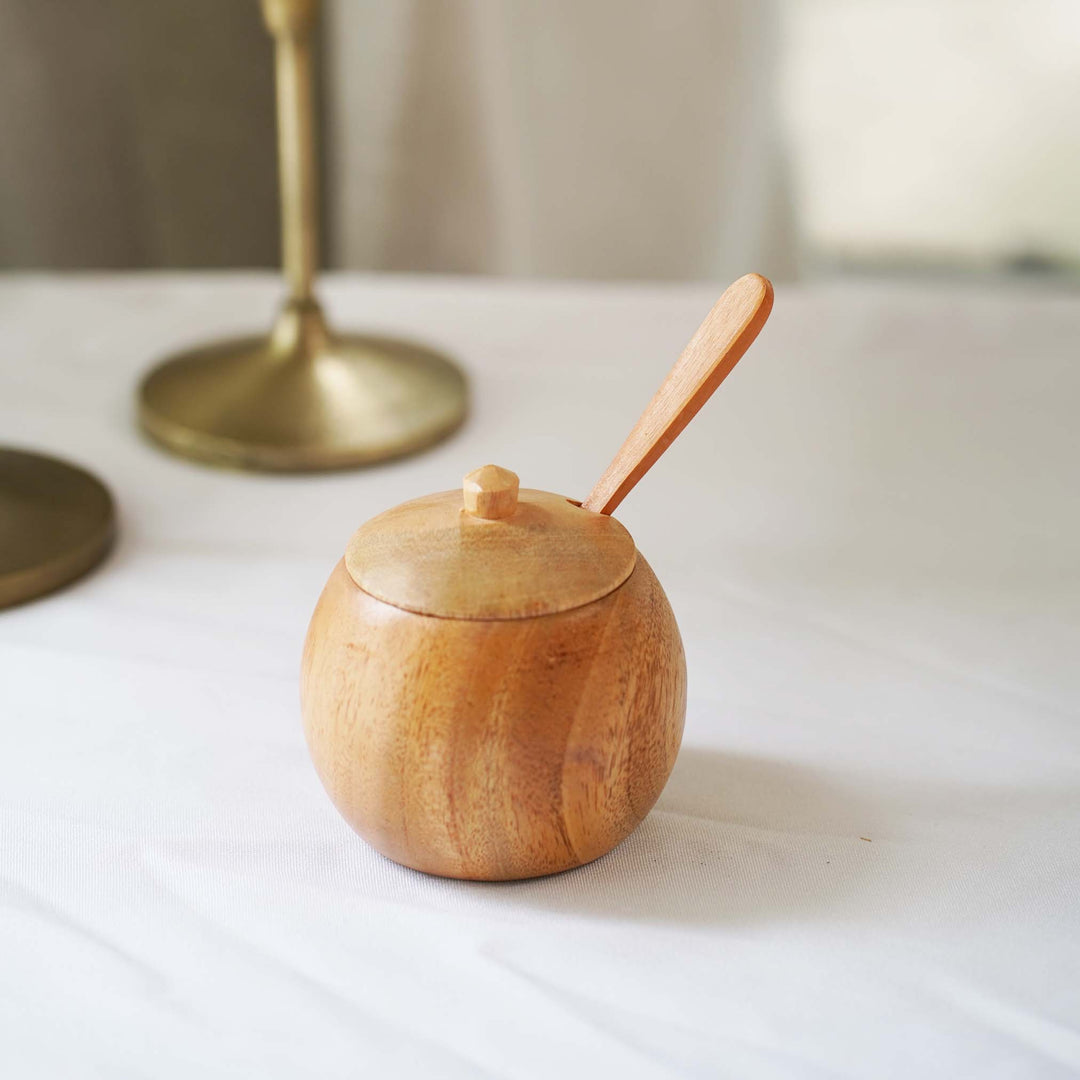 Small Teak Wood Seasoning Bowl with Spoon, Handturned Wooden Spice Jar