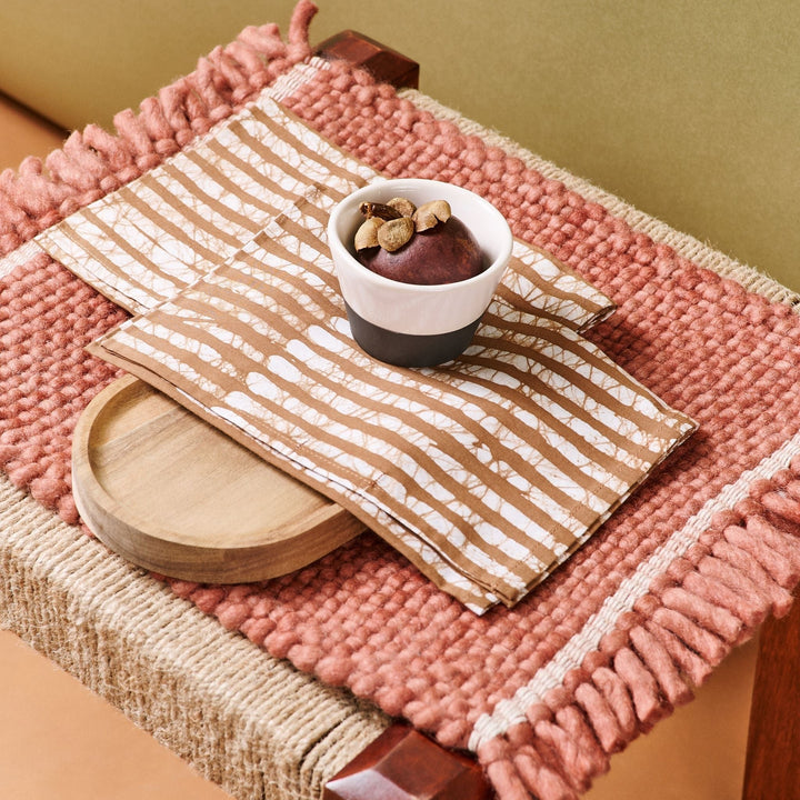 Oak Brown Stripes Wax Block Print Cotton Table Napkin ( set of 4 )