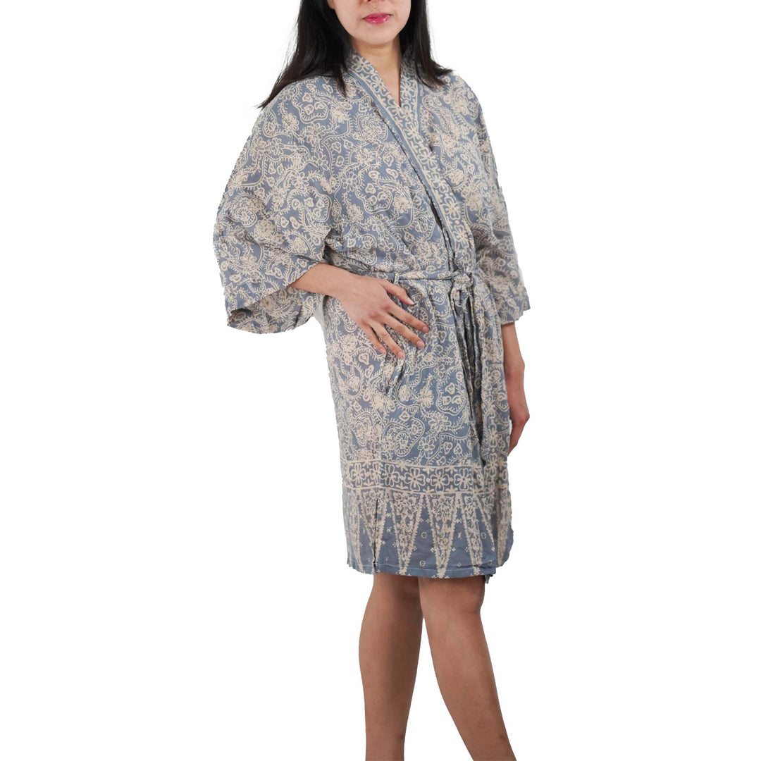 Hand Dyed Batik Robe Kimono, 100% Cotton, Gray, Silver Petals