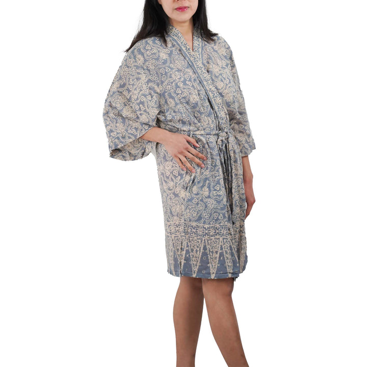 Hand Dyed Batik Robe Kimono, 100% Cotton, Gray, Silver Petals