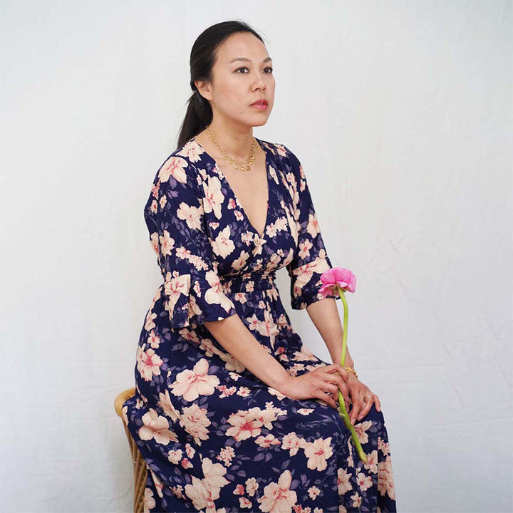 Kasih Co-op Dress Blue Trumpet Sleeve Over the Knee with White and Pink Floral Pattern