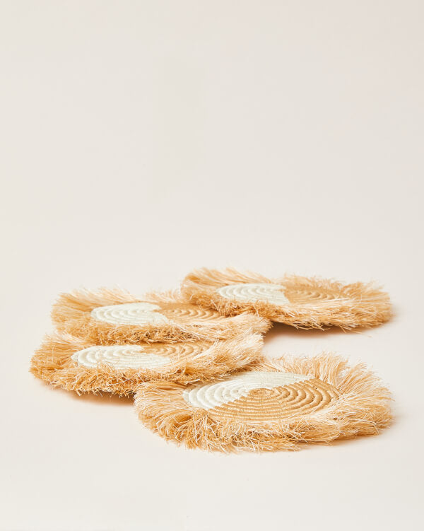 Akeza Fringe Coasters | White | Set of 4