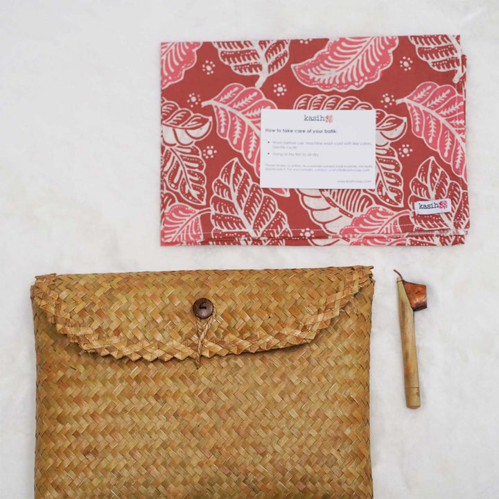 Gift Set of Hand Dyed Batik Bandana, Handwoven Pouch and Canting Wax and Dye Tool