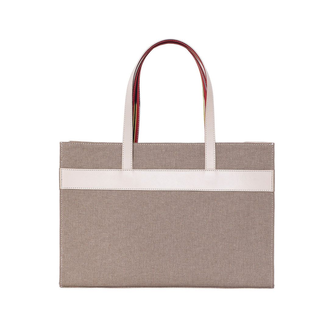 Cream Leather & Canvas Tote Bag with Pockets