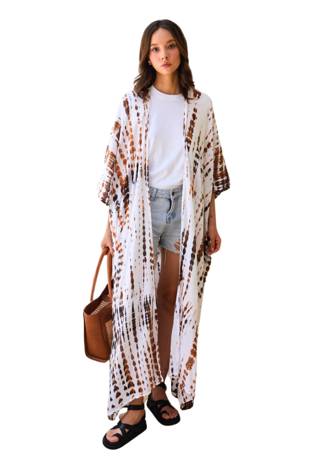 Sara Hand Dyed Kimono in White/Brown Multi