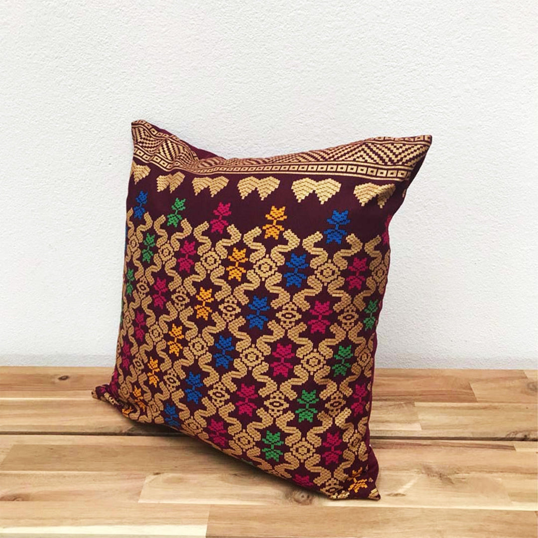 Handwoven Ikat Pillow Cover, Burgundy Red and Gold. Cover Only with No Insert. 16x16 inches, Cushion