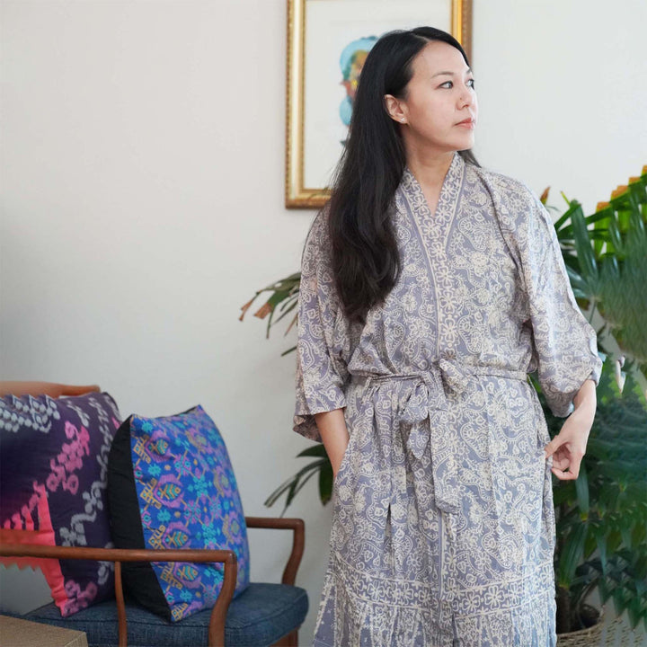 Hand Dyed Batik Robe Kimono, 100% Cotton, Gray, Silver Petals