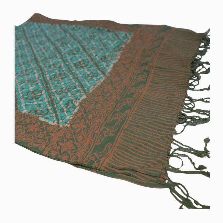 Handmade Batik Scarf | Soft Cotton, Leaf Grid, Green, Leaves, Vines, Cream