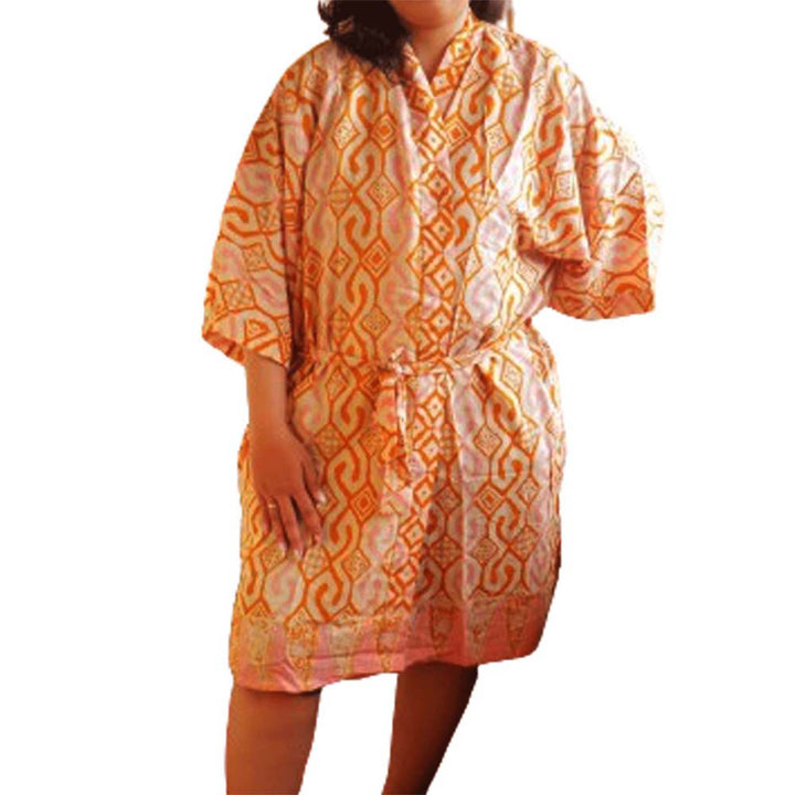 Hand Dyed Batik Robe Kimono, 100% Cotton Soft, Orange Pink Sunset Mosaic, Clementine
