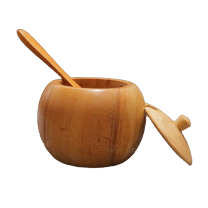 Small Teak Wood Seasoning Bowl with Spoon, Handturned Wooden Spice Jar