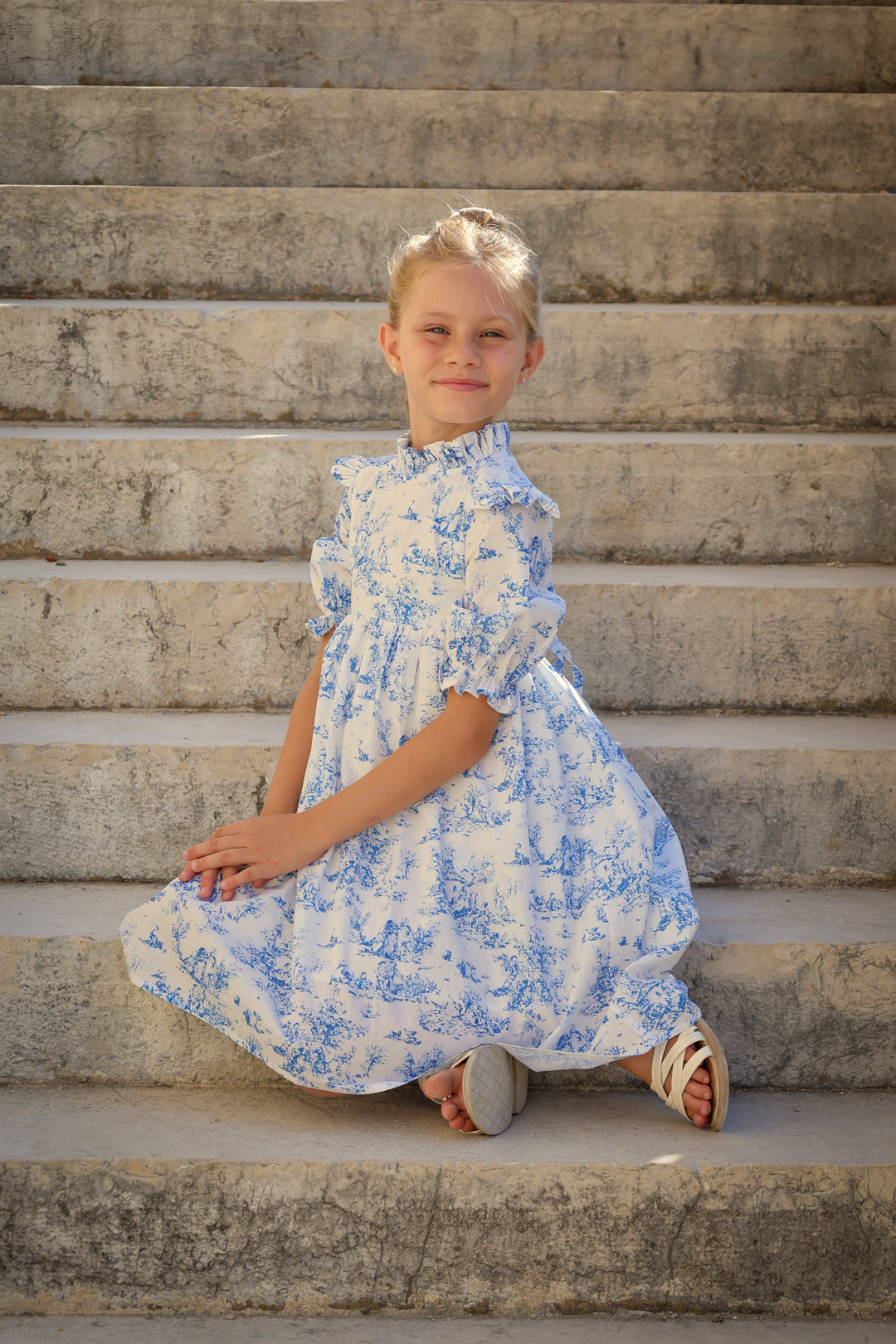 Aoki Dress-Blue Toile | Three-Quarter Length Sleeve