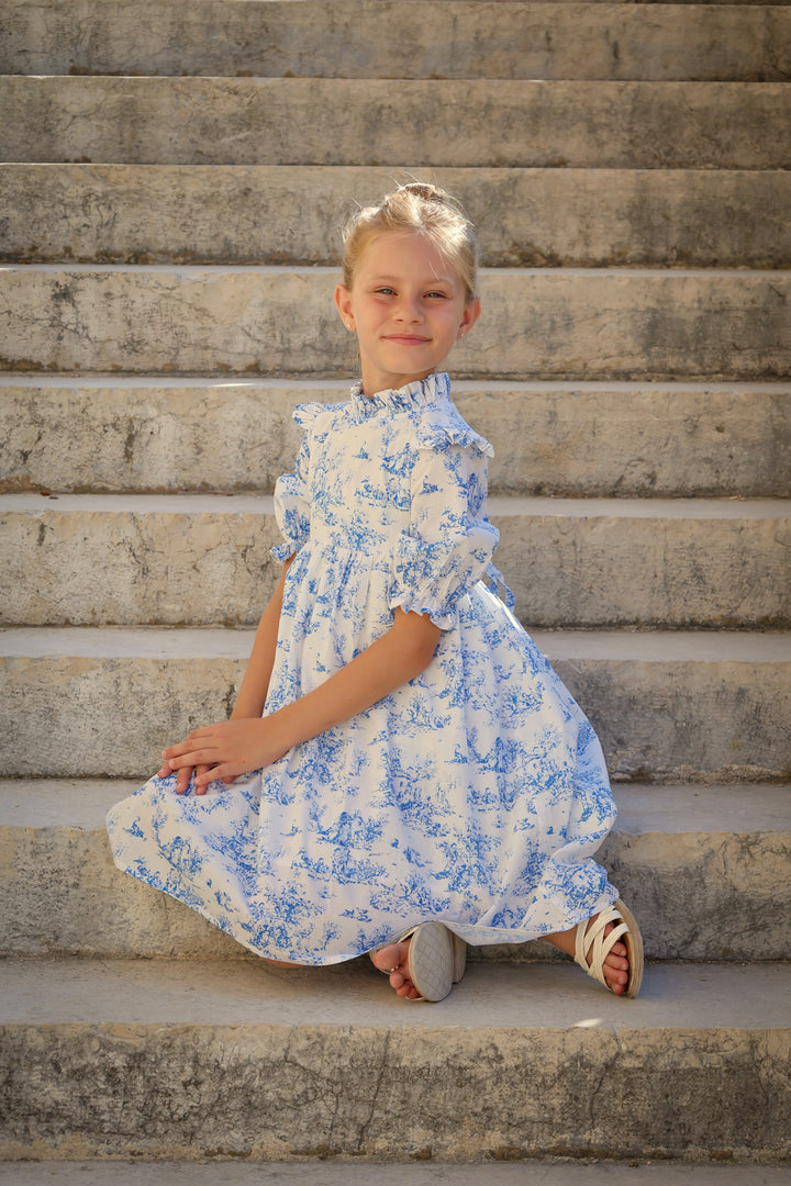 Aoki Dress-Blue Toile | Three-Quarter Length Sleeve