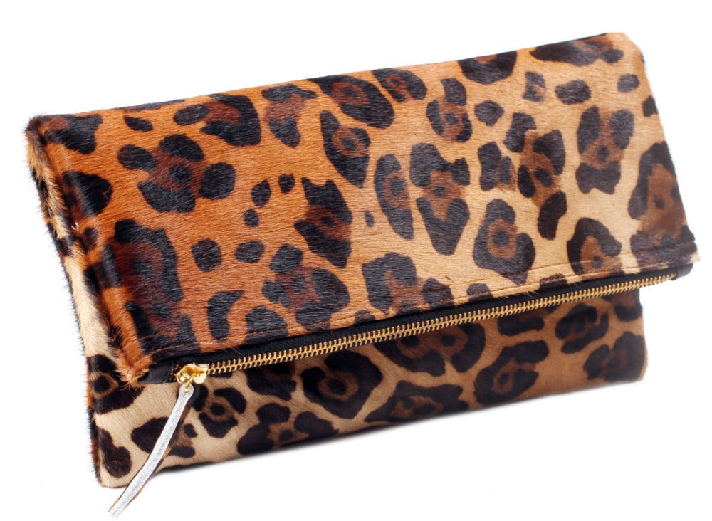 Leopard Leather Fold over Clutch