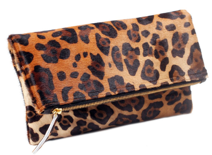 Leopard Leather Fold over Clutch