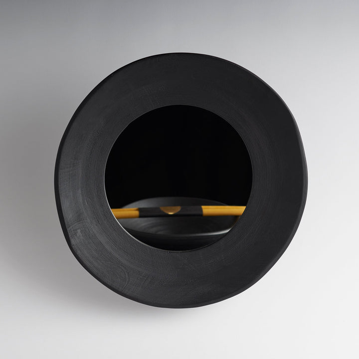 Handcrafted round wall mirror with wide natural border frame and D-ring mounting hardware