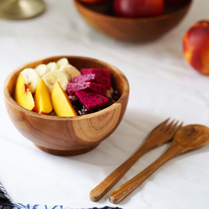 Teak wood bowl With Spoon and Fork | Handmade in Indonesia | 5.8" Small Size