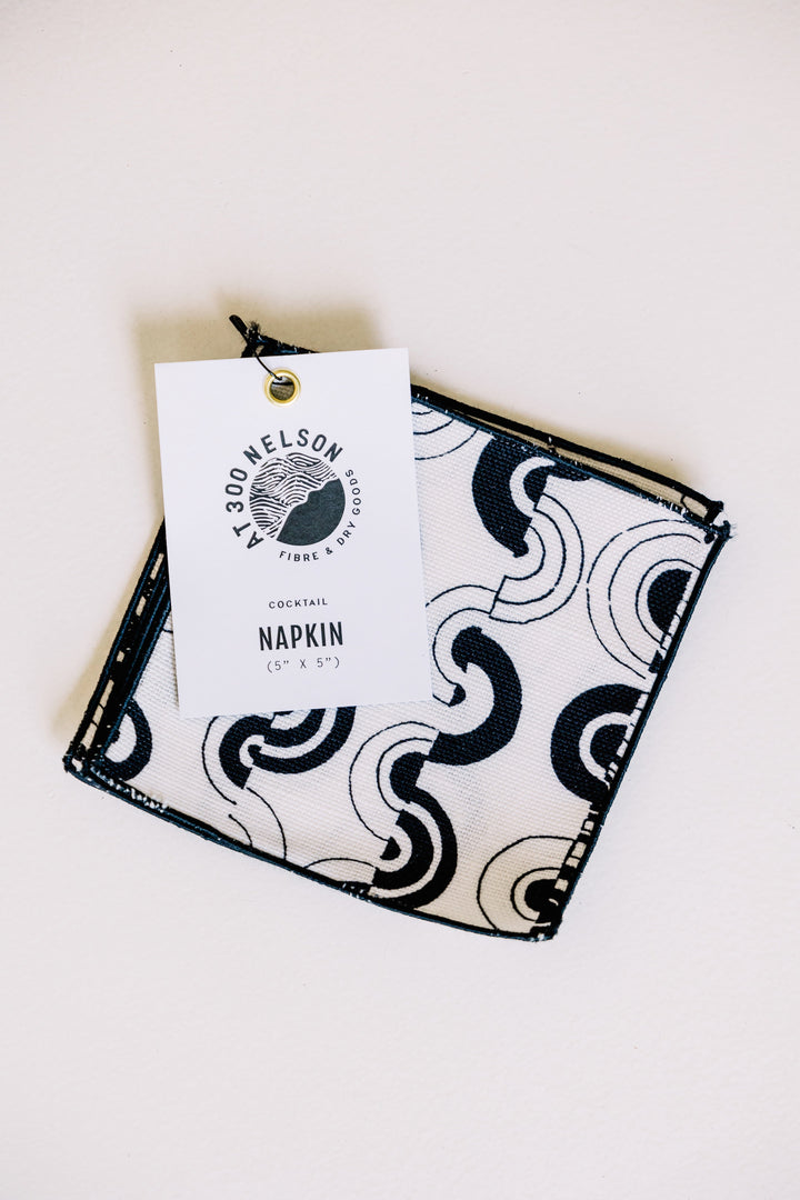 Set of four handmade cocktail napkins in Ortega Clairvoyant pattern, linen cotton blend, artisan printed