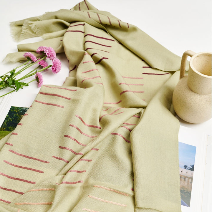 Sea Salt Pastel Green Hand Woven Hand Embroidered Silk Merino Classic Scarf