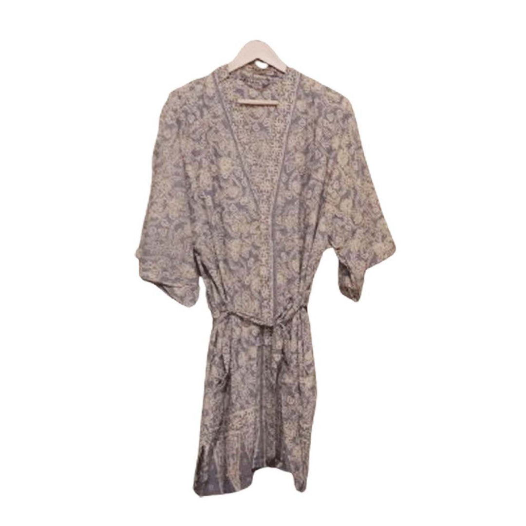 Hand Dyed Batik Robe Kimono, 100% Cotton, Gray, Silver Petals