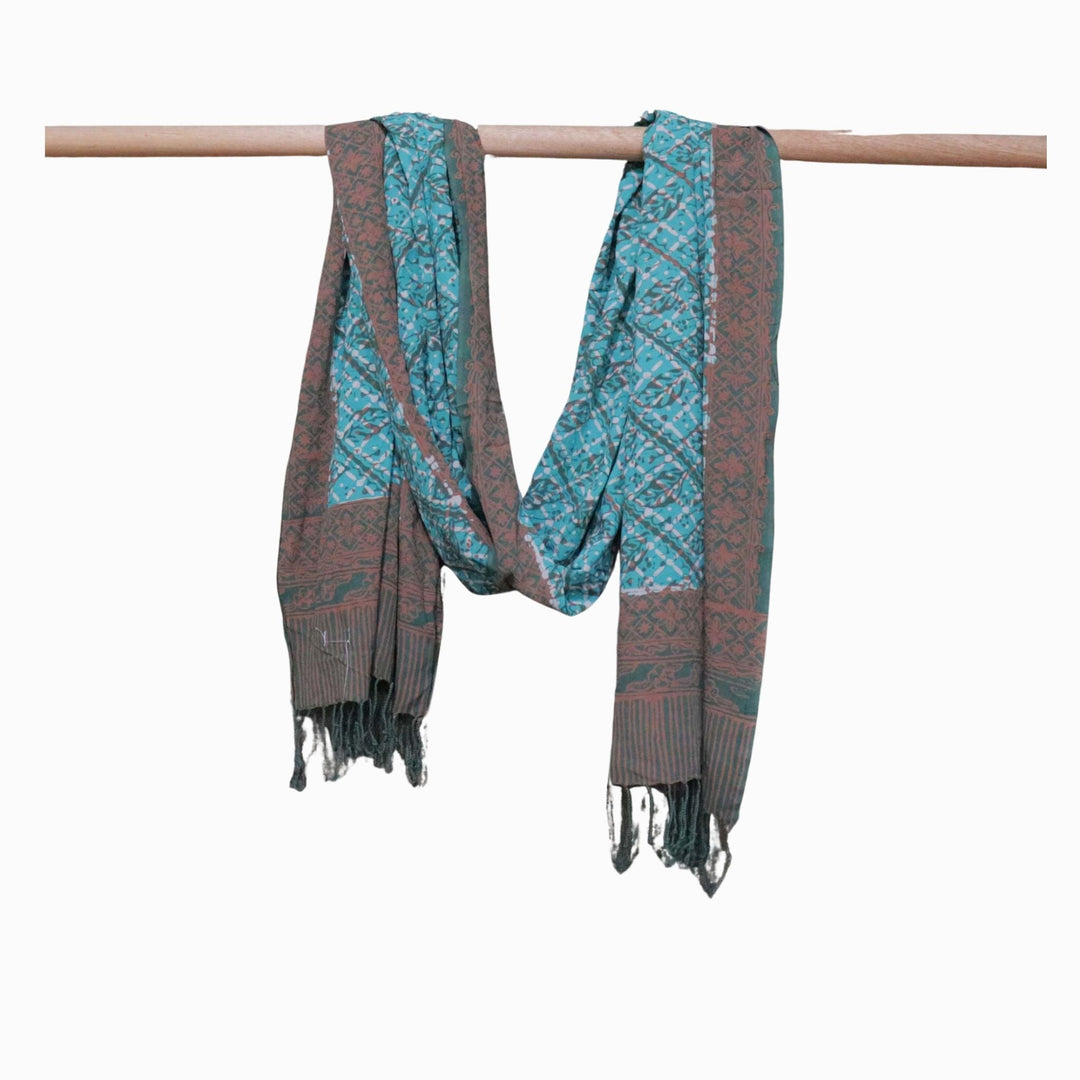 Handmade Batik Scarf | Soft Cotton, Leaf Grid, Green, Leaves, Vines, Cream