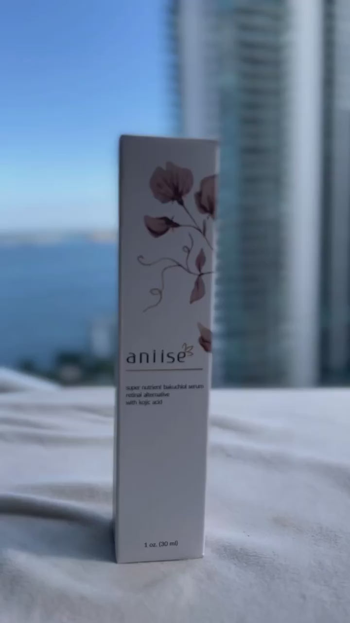 Bakuchiol Serum bottle with city skyline background, promoting anti-aging plant-based retinol alternative