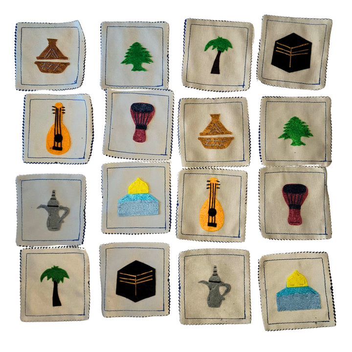 Handmade Arab culture memory game with 16 fabric pieces and carrying case made from upcycled cotton blend