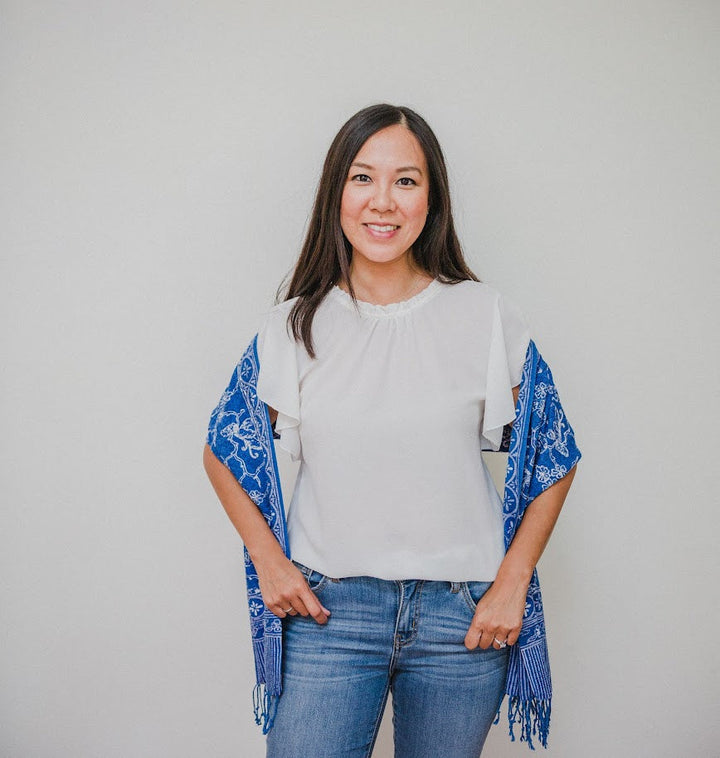 Handmade Batik Scarf, Blue White, Cotton Fabric, Butterfly