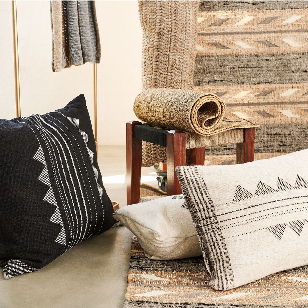 Kora White And Black Large Artisanal Handwoven Lumbar Pillow