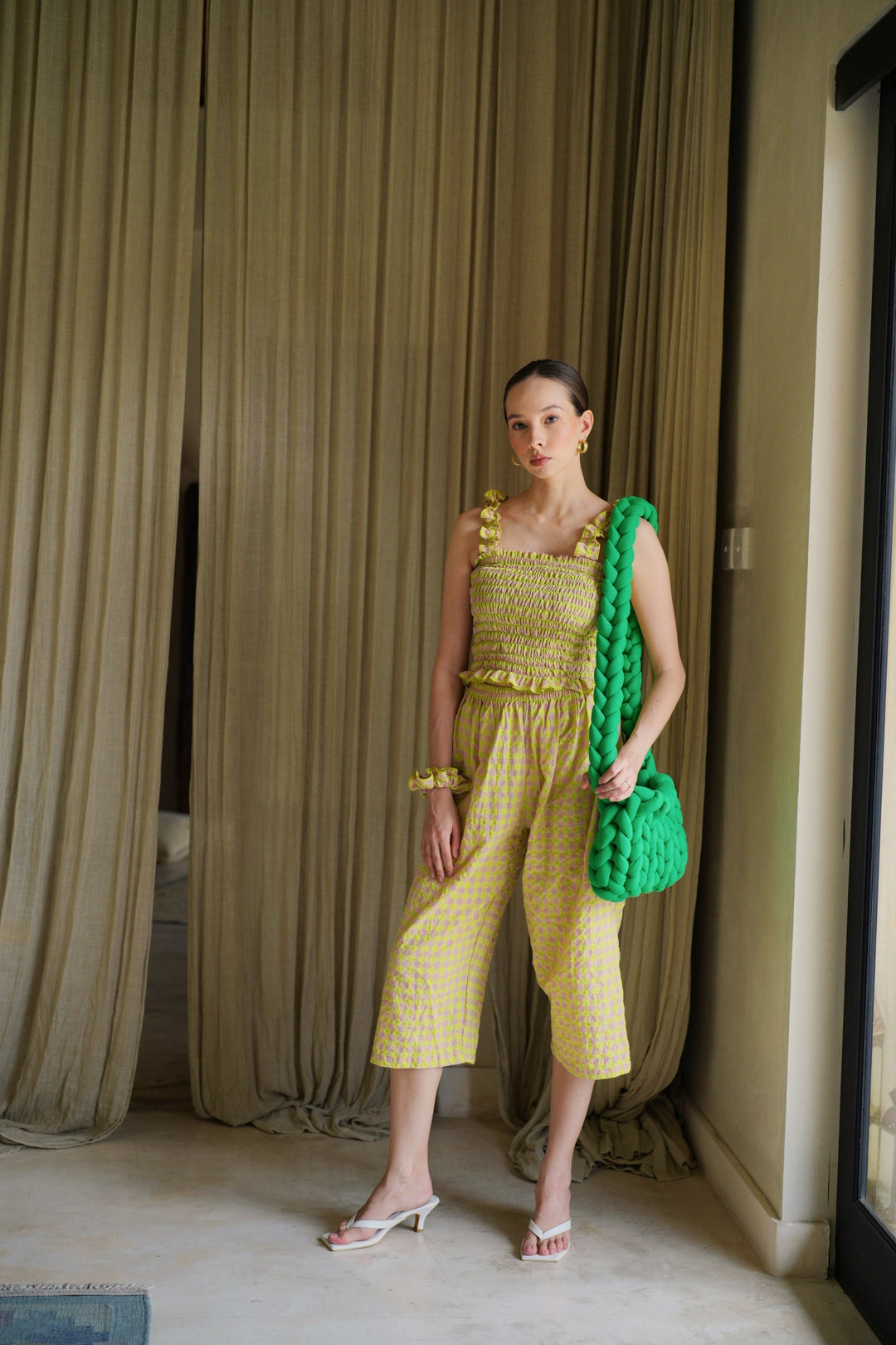 Hannah Gingham Wide Leg Crop Pants in Lemonade