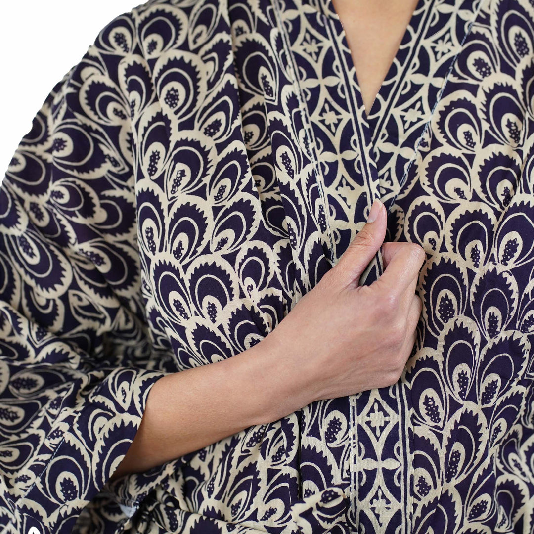 Handmade Batik Robe Kimono | 100% Cotton | Soft, Hand Dyed | Black Gray Peacock