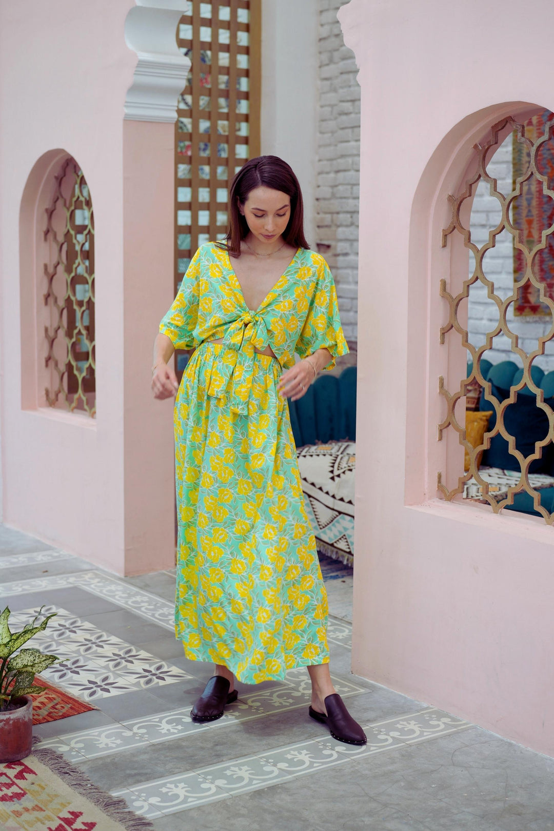 Aubrey Floral Wrap Top and Midi Skirt Matching Set | Yellow Garden