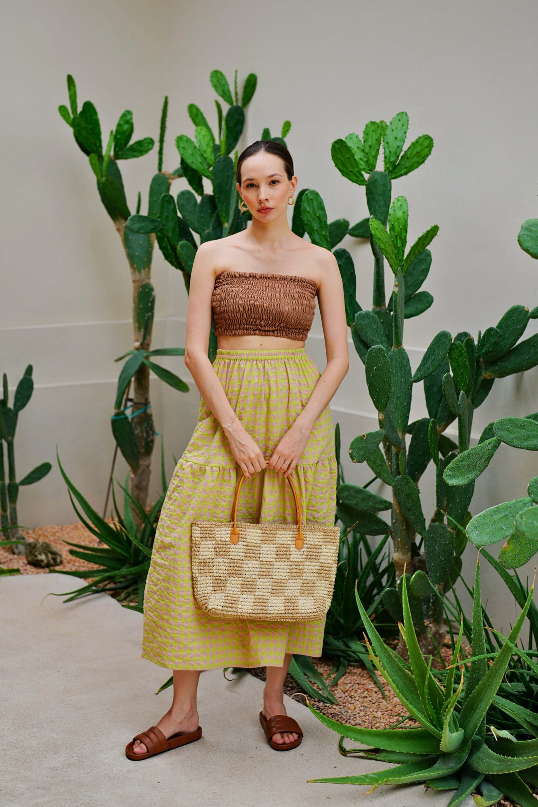 Lindsey Checker Raffia Tote