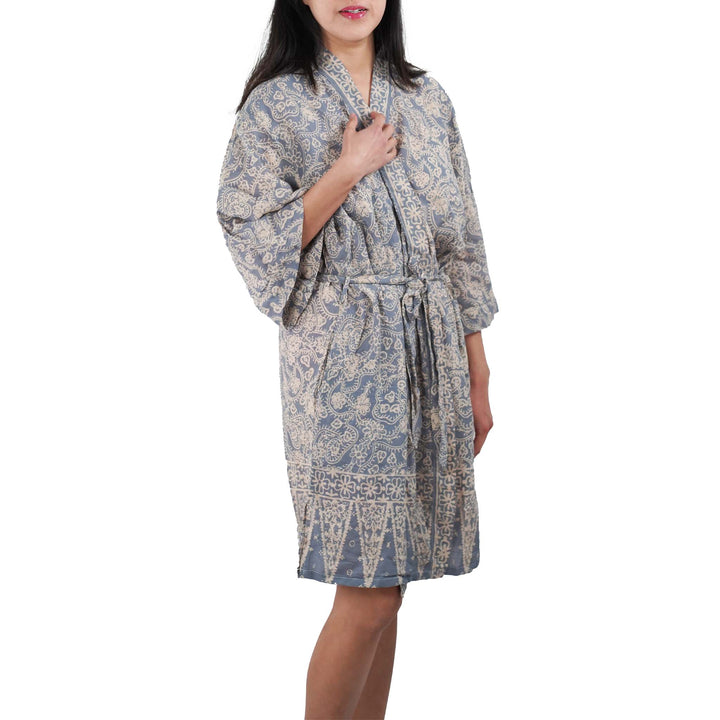Hand Dyed Batik Robe Kimono, 100% Cotton, Gray, Silver Petals