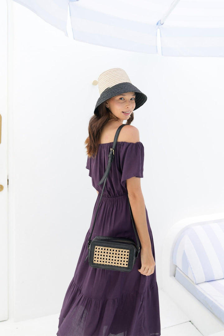 Scarlett Leather and Cane Crossbody Bag in Black